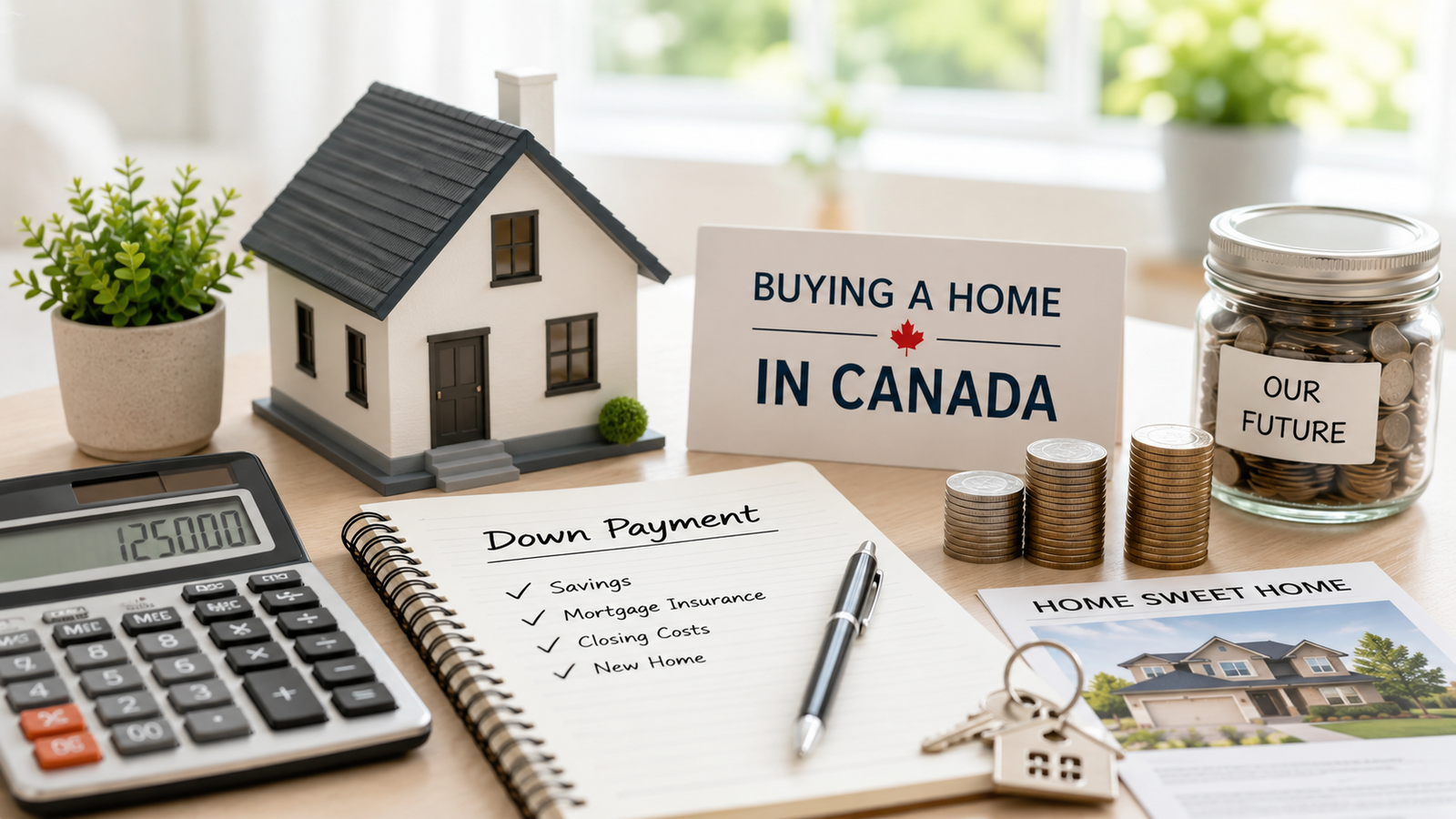 Down payment in Canada for buying a home, with a house model, calculator, savings, and closing cost checklist.