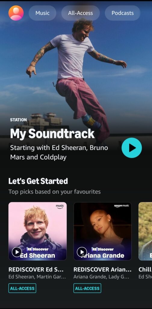 Amazon Music Unlimited Canada app showing music and podcast recommendations