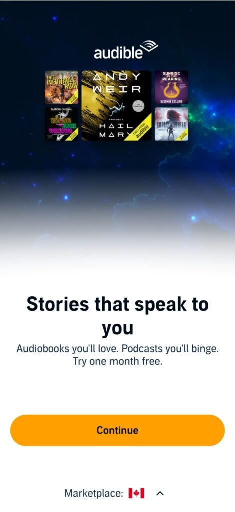Audible Canada app getting started screen