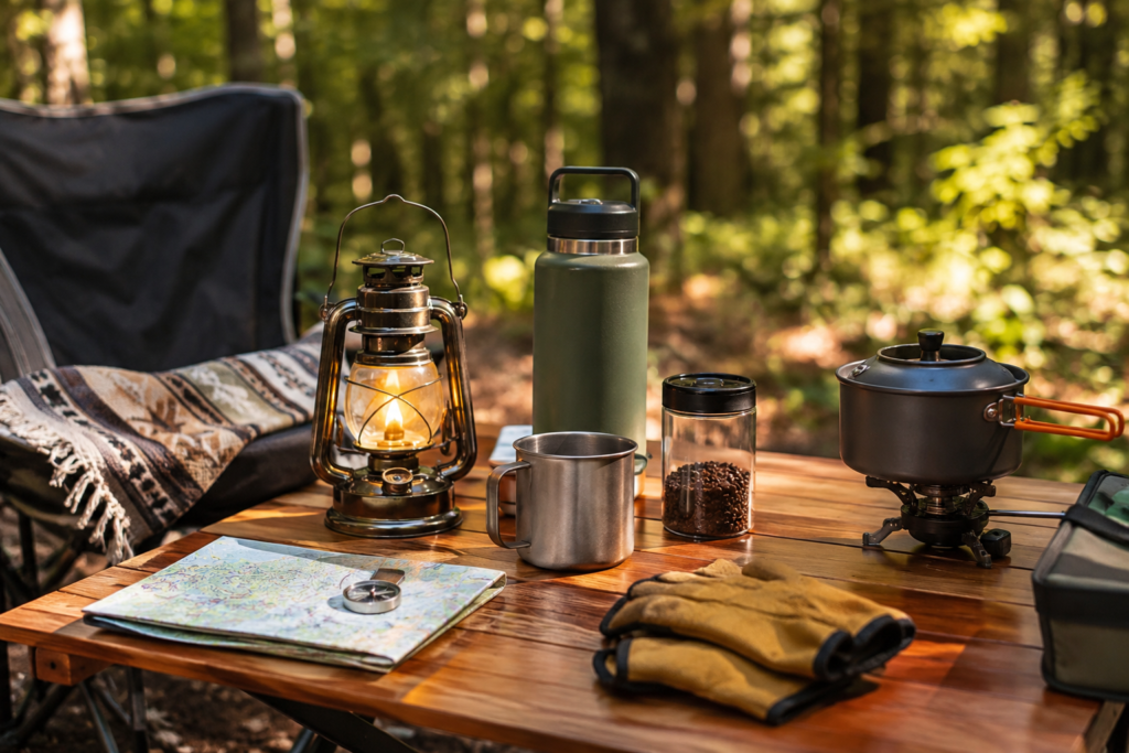 Camping essentials in Canada arranged at a campsite