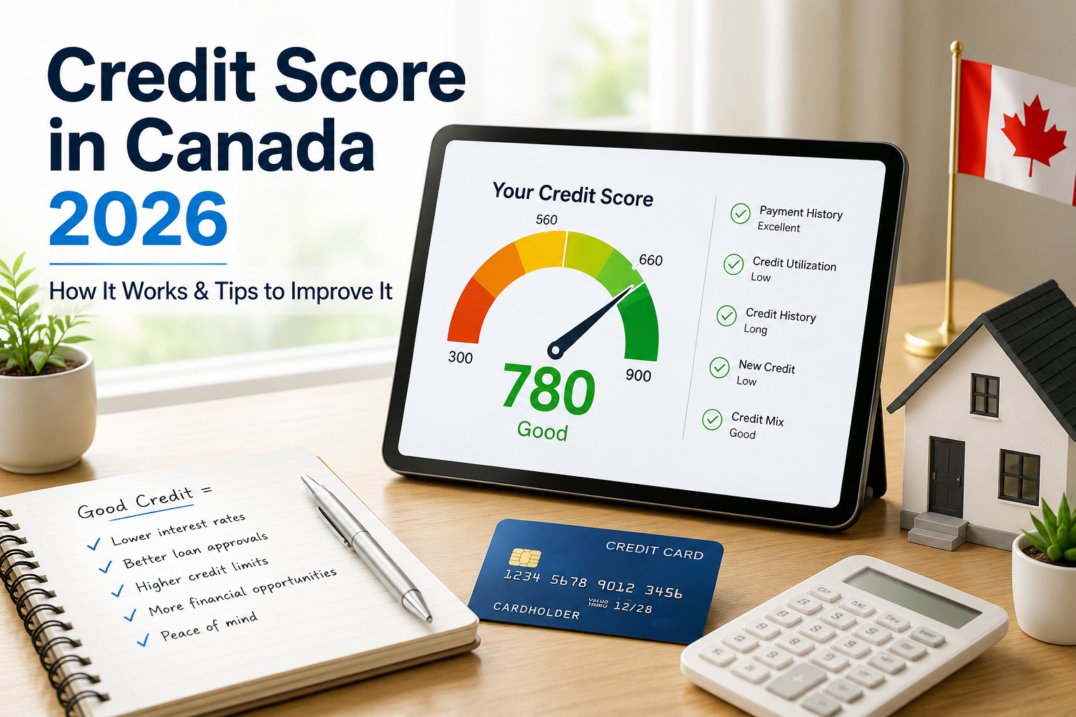 Credit score in Canada 2026 showing a 780 score and key credit factors