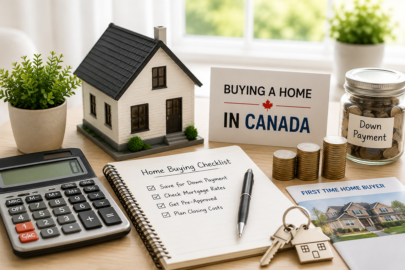 Down payment in Canada with home buying checklist, savings and model house