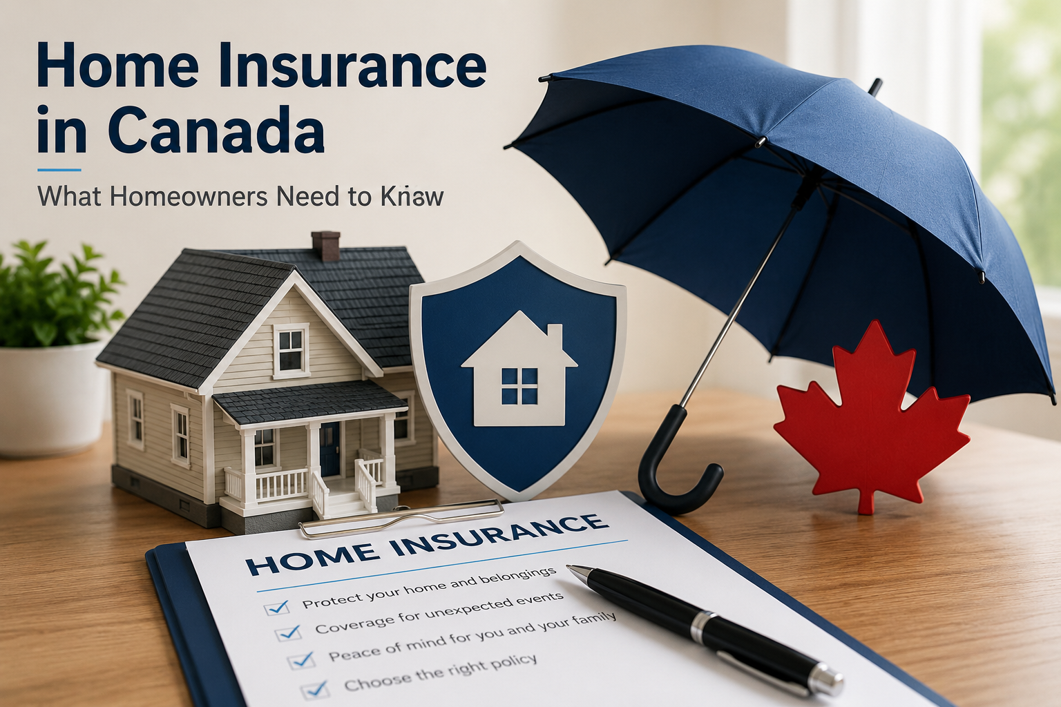 Home insurance in Canada with house, protection shield and umbrella