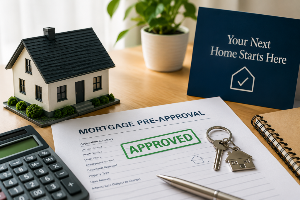 Mortgage pre-approval in Canada with home, application and keys