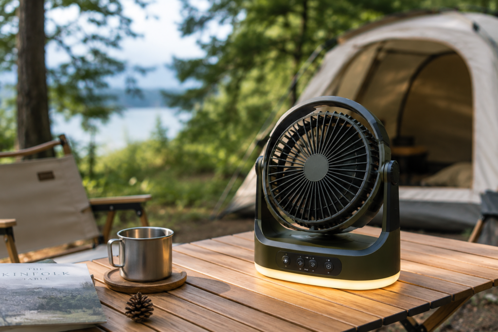 Portable camping fan at a summer campsite in Canada