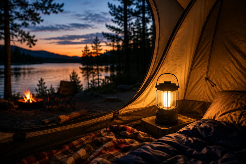 Rechargeable camping lantern lighting the inside of a tent