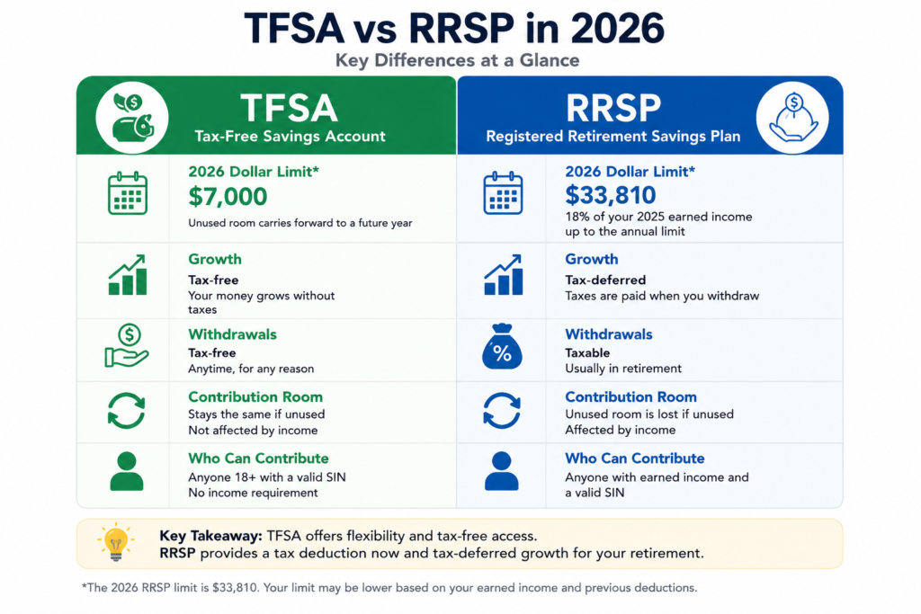 TFSA vs RRSP 2026 comparison of contribution limits, growth and withdrawals