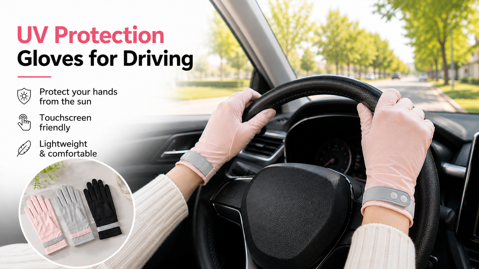 UV protection gloves for driving with pink, grey and black gloves