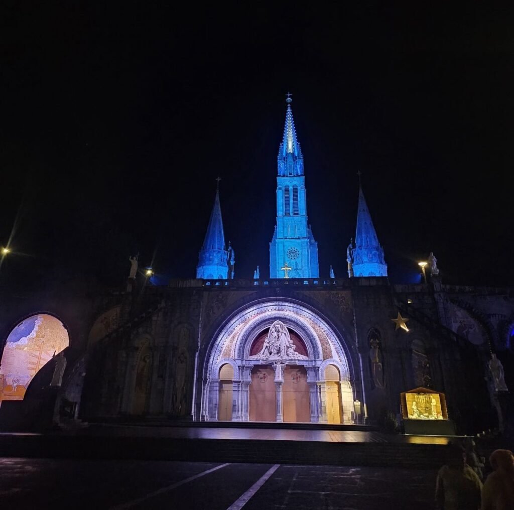Lourdes Sanctuary illuminated at night