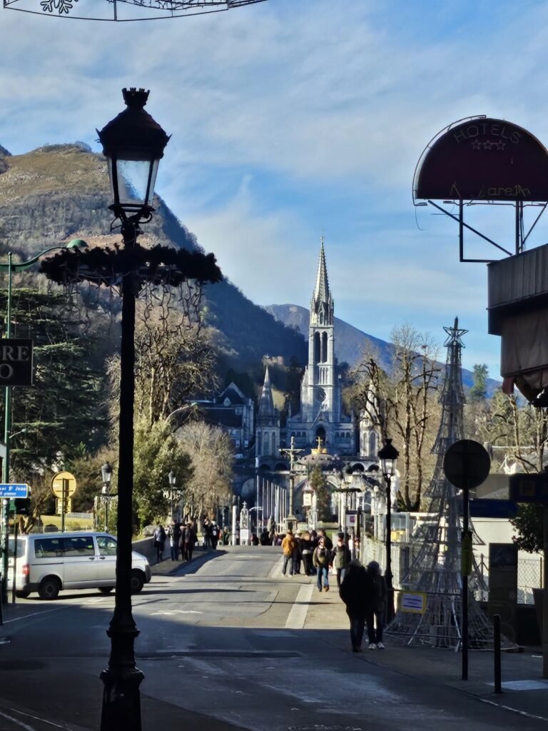 Lourdes Sanctuary seen from a street in Lourdes