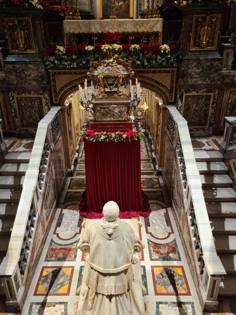 Holy Crib relic decorated for Christmas at Santa Maria Maggiore
