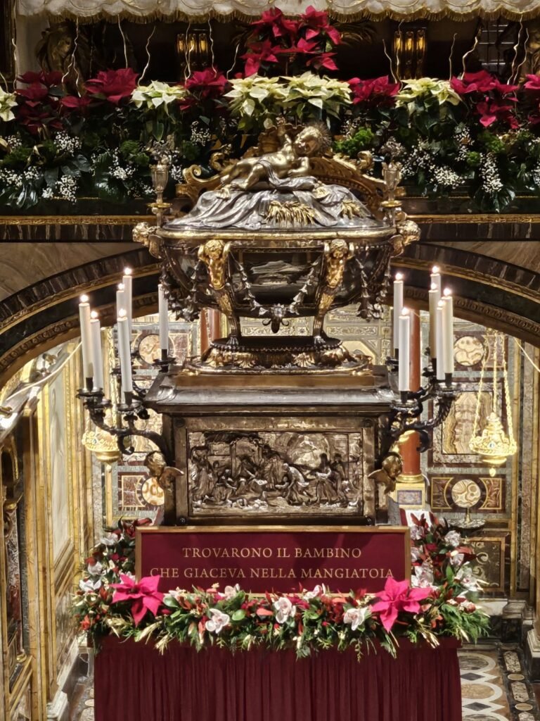 Close-up of the Holy Crib relic at Santa Maria Maggiore