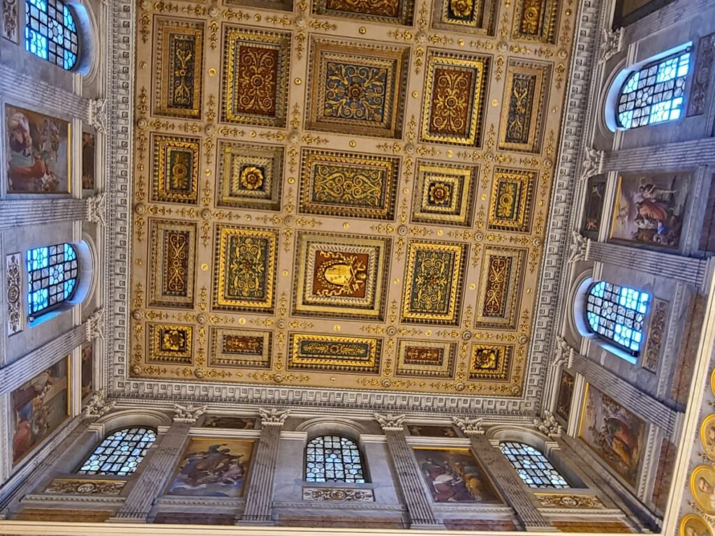 Detail of the golden ceiling inside St. Paul Outside the Walls in Rome