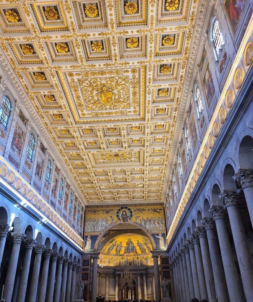 Golden ceiling of St. Paul Outside the Walls in Rome