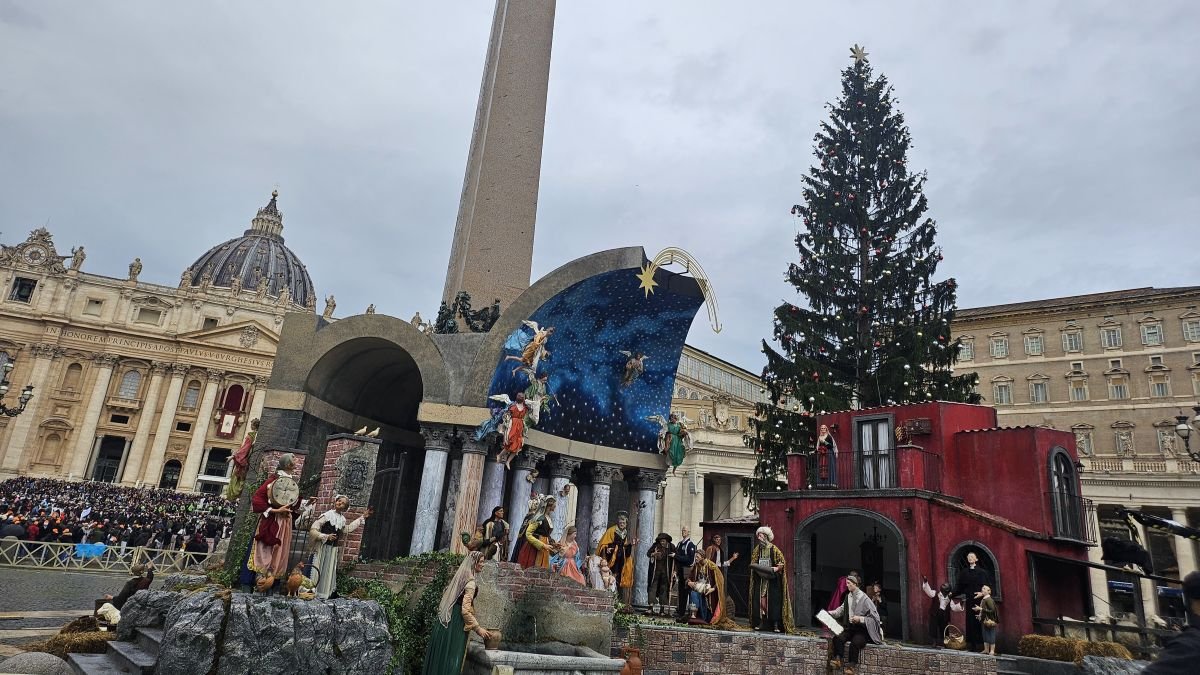 St. Peter's Square at the Vatican on Christmas Day with the Christmas tree and nativity scene